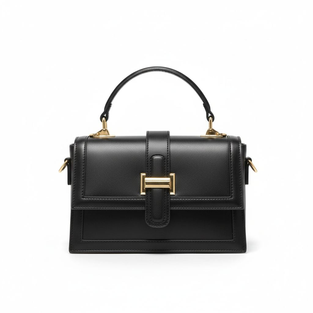 Sac à Main Noir Prestige – Minimalisme Chic & Métal Doré Élégant