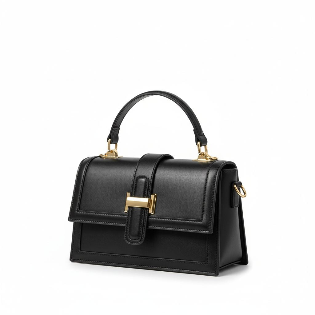 Sac à Main Noir Prestige – Minimalisme Chic & Métal Doré Élégant
