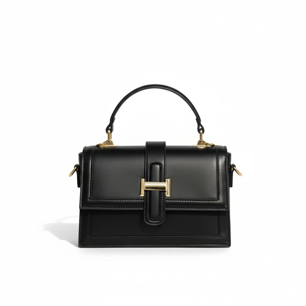 Sac à Main Noir Prestige – Minimalisme Chic & Métal Doré Élégant